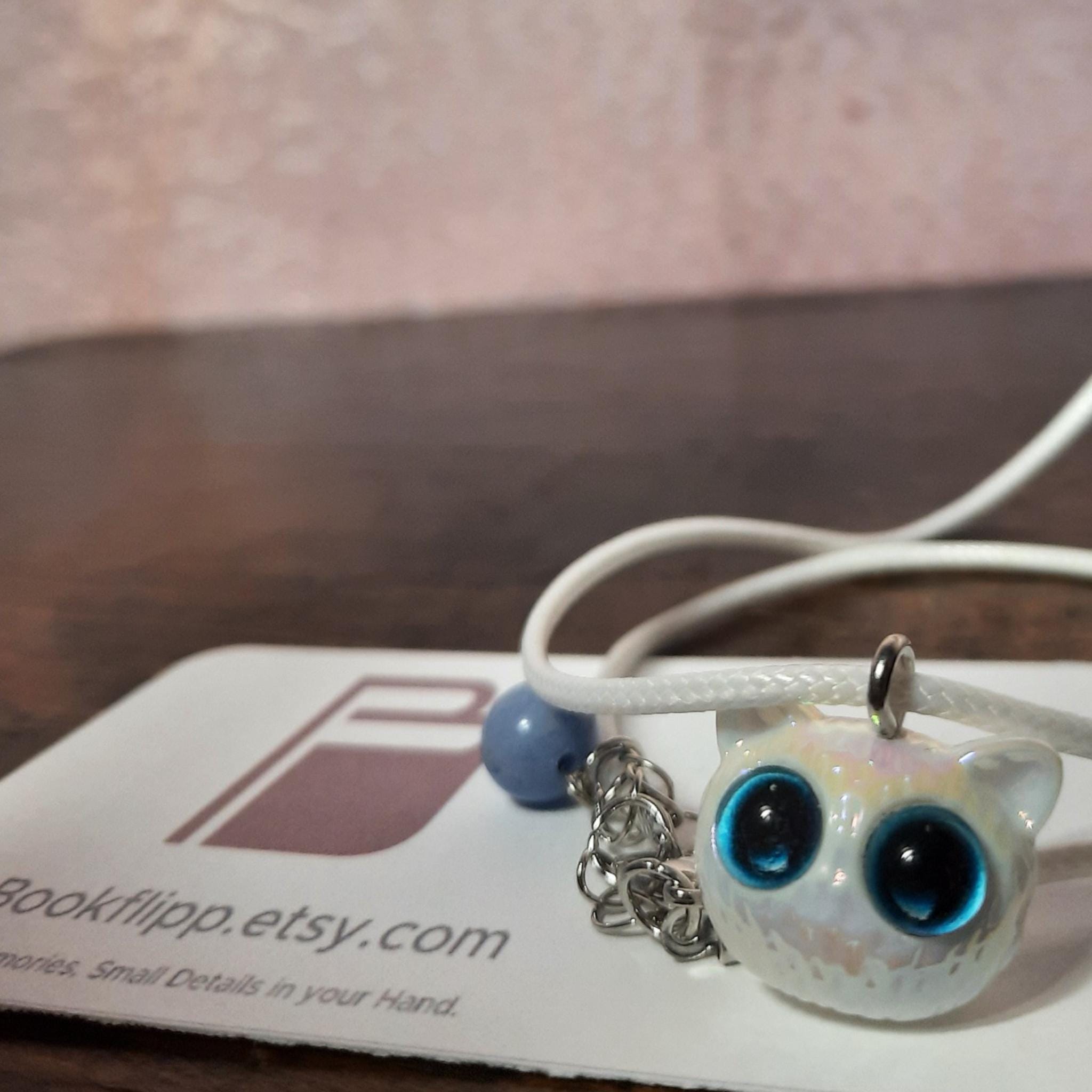 Polymer Clay Cat Necklace: Big Blue Eyes, Adjustable Cord