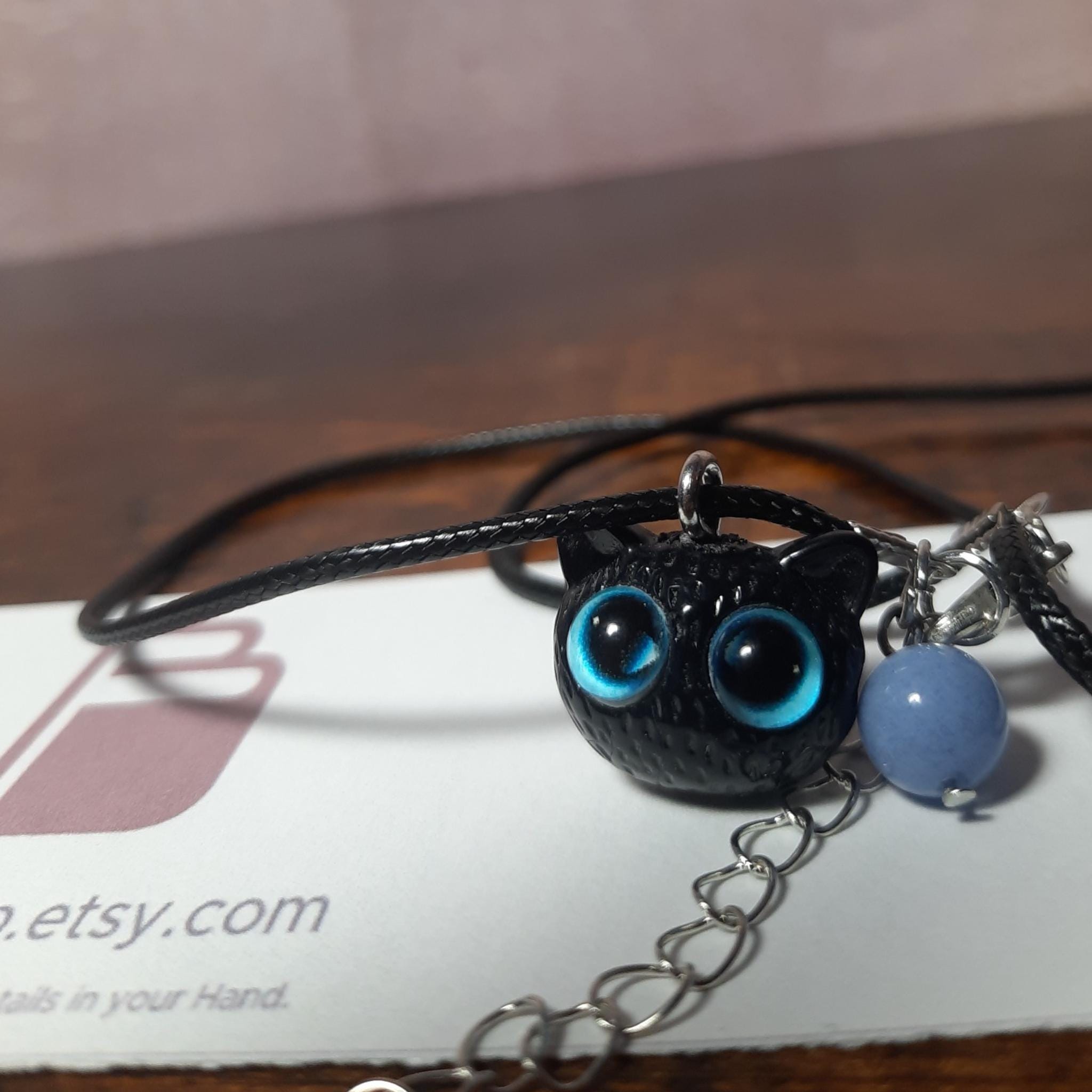 Polymer Clay Cat Necklace: Big Blue Eyes, Adjustable Cord