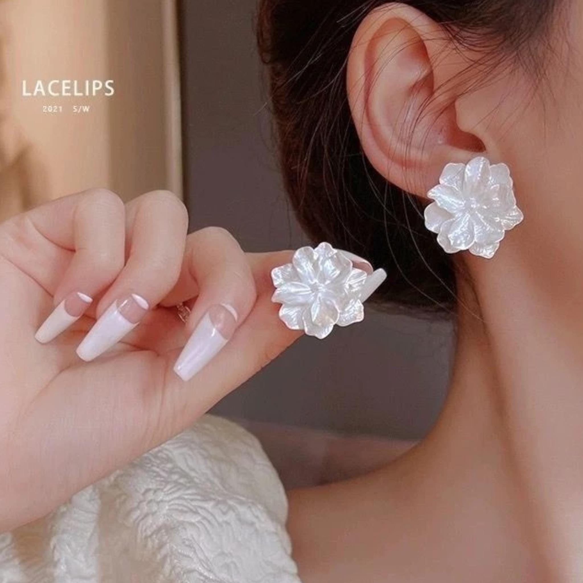 White Resin Flower Earrings: Korean Style Pearl Petal Studs